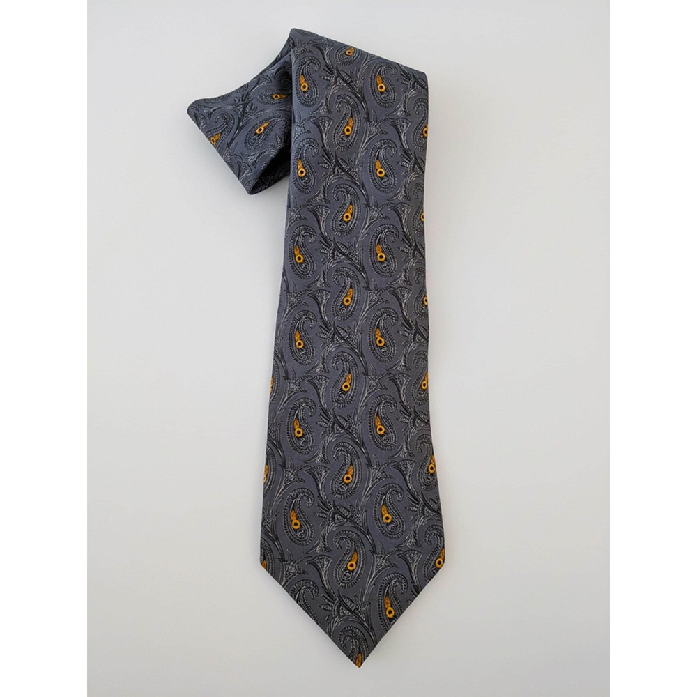 Vintage Lanvin Paris Designer Silk Tie • Gray Paisley with Gold Accents